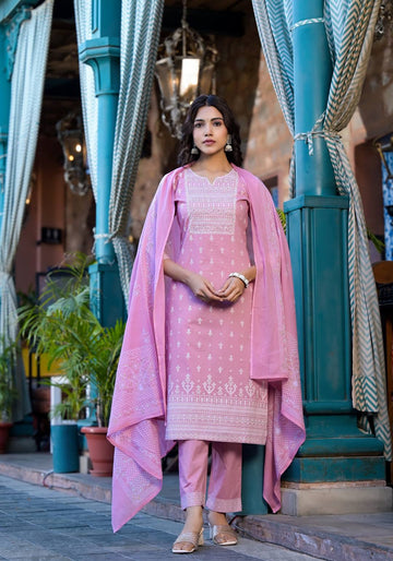 Varanga Women Pink Rubber Printed, Embellished Straight Kurta Paired With Bottom And Dupatta